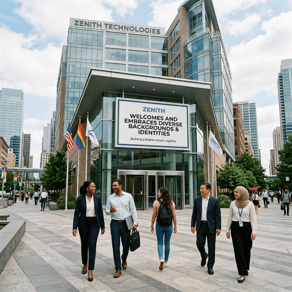 Corporate building with a sign reading 'Zenith welcomes and embraces diverse backgrounds & identities' and diverse group of people walking in front